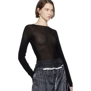 JEAN PAUL GAULTIER Mesh Flocked Morphing Pinstripe Bodysuit Women’s Large Black